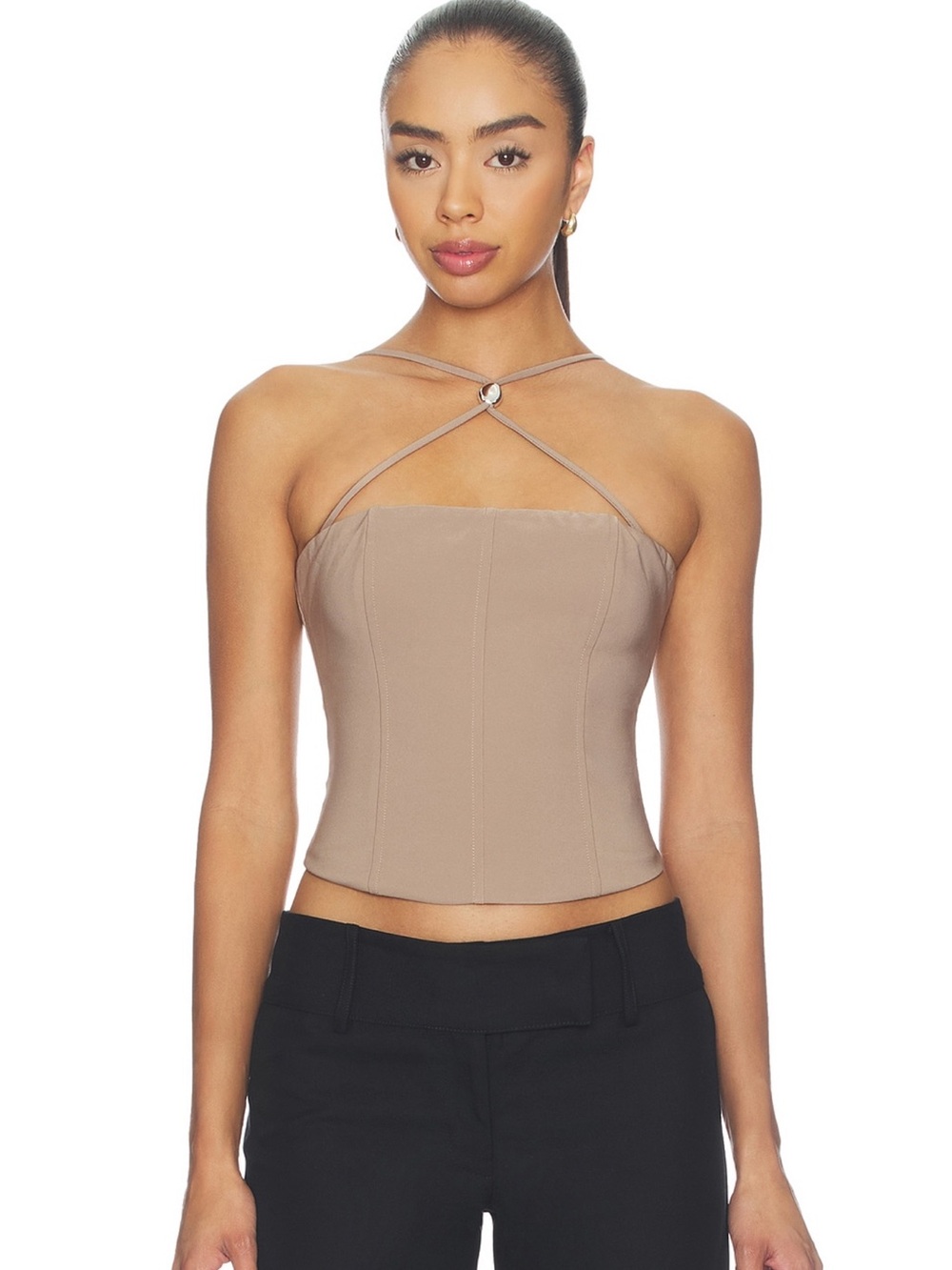 Tiger Mist Taupe Halter Corset Crop Top with Ring Accent
